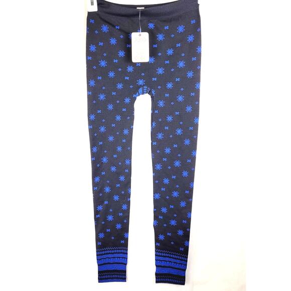 New Pink Rose black with blue snowflake fleece lined legging Size small - Picture 1 of 8